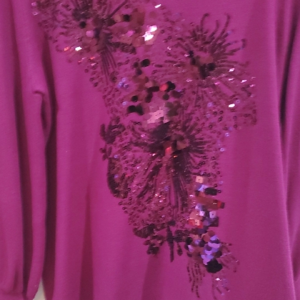 Chico's Magenta Sequin Floral Rayon Blend Blouse - Picture 8 of 8